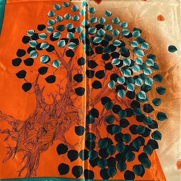 2245- Tree Print Silk-Feel Square Scarf Orange Green Teal 100% Polyester NWT - Picture 8 of 10